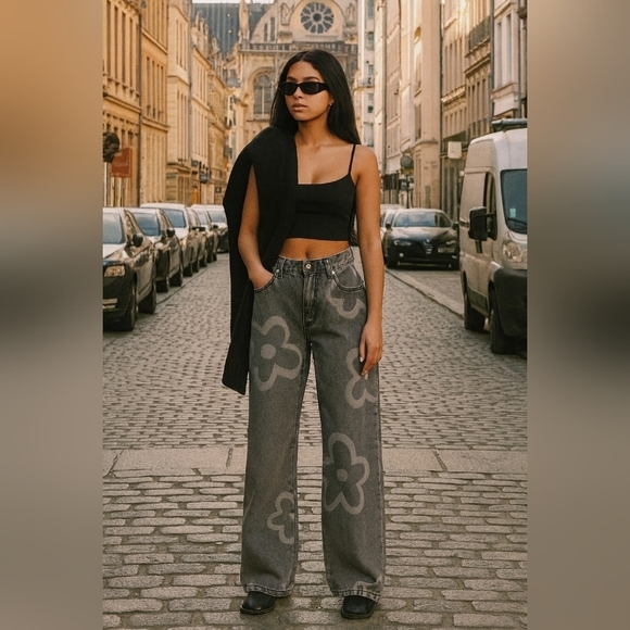 Adika Denim - NWT Adika Floral Patterned Gray wash Jeans Size Small